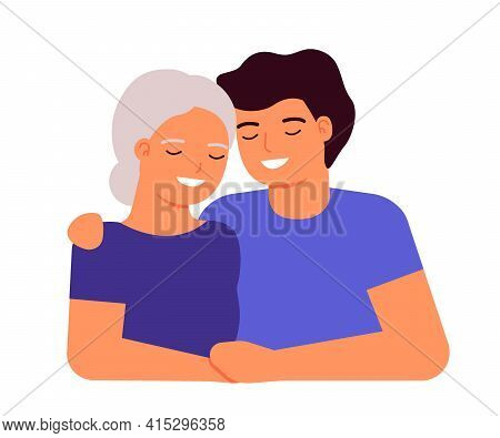 Old Senior Mother And Adult Son Are Hugging. Family Love, Taking Care Of Grandmother. Mother S Day C