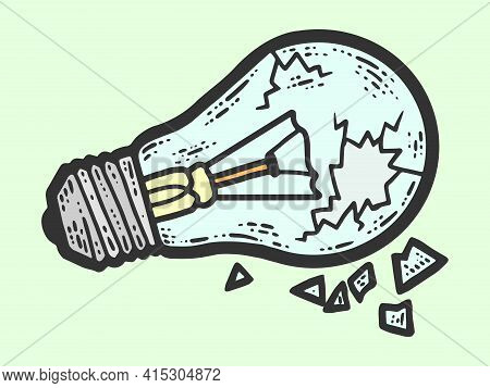 Broken Incandescent Light Bulb, Glass. Sketch Scratch Board Imitation Color.