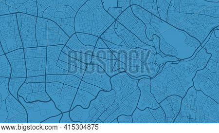 Blue Vector Background Map, Amman City Area Streets And Water Cartography Illustration. Widescreen P