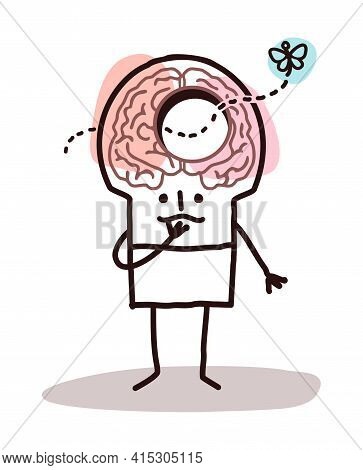 Hand Drawn Cartoon Man With A Hole In Brain And Memory Disorders