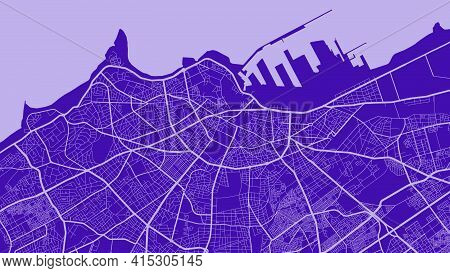 Medium Purple Vector Background Map, Casablanca City Area Streets And Water Cartography Illustration