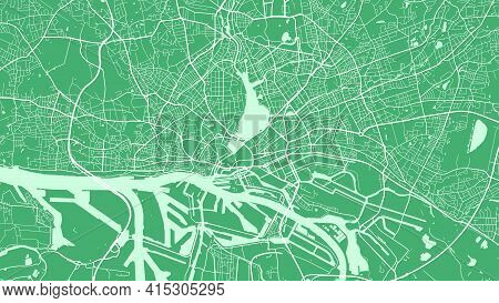 Green Vector Background Map, Hamburg City Area Streets And Water Cartography Illustration. Widescree