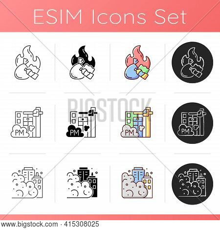 Air Pollution Icons Set. People Damaging Planet Environment And Atmosphere. Rubish Increasing Proces