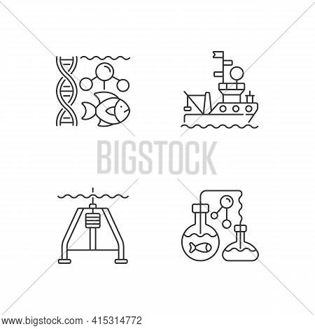 Marine Exploration Linear Icons Set. Marine Chemistry Tools. Hydraulically Damped Gravity Corer. Cus