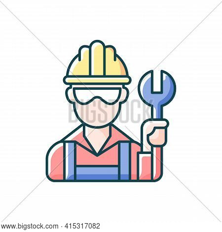 Blue Collar Worker Rgb Color Icon. Repairman With Wrench. Mechanic With Tool For Construction Work. 