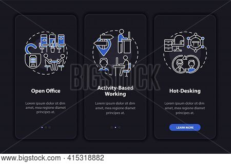 Future Worksite Environs Onboarding Mobile App Page Screen With Concepts. Openness, Hot Desk Walkthr
