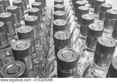Multitude Of Pure Alcohol Bottles Not Labeled. Bottles Of Home Alcoholic Beverages On White. Small L