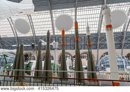 Moscow, Russia - November 28, 2018: Space museum. Inside The Cosmonautics and Aviation Centre in the Cosmos pavilion of VDNH. Aircraft exhibition. Rocket science.