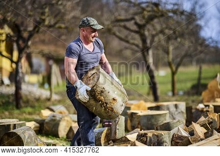 Strong Man Moving Big Cut Beech Logs
