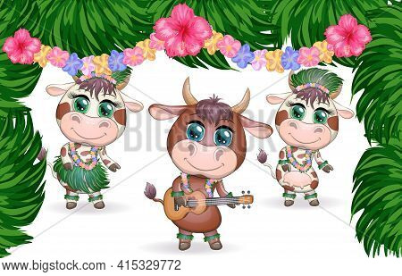 Tropical New Year 2021, Celebration. Group Of Cows And Bulls As Hula Dancers With Acoustic Ukulele G