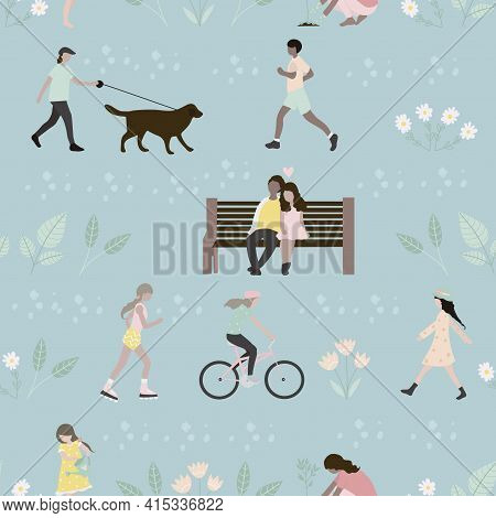 Seamless Pattern With Of People Walking In The Park. Scene Of Recreation And Rest Outside. Character