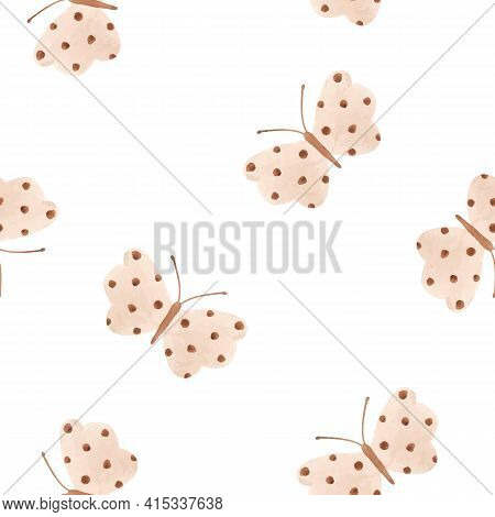 Beautiful Vector Seamless Pattern With Cute Watercolor Butterflies. Stock Illustration.