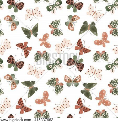 Beautiful Vector Seamless Pattern With Cute Watercolor Butterflies. Stock Illustration.