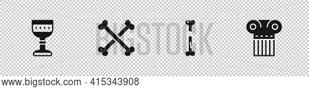 Set Medieval Goblet, Crossed Human Bones, Human Broken And Ancient Column Icon. Vector