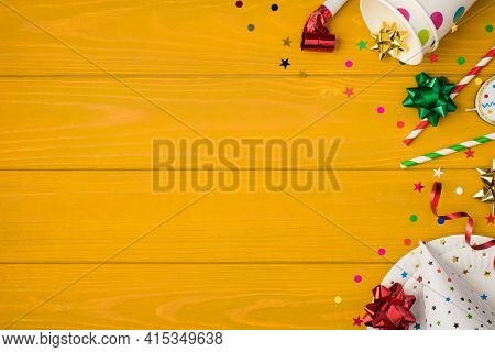 Above Photo Of Cups Drink Party Tubules Whistle Multicolored Confetti Bow Candle Birthday Hat And Pl