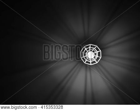 Geometric Chandelier With Light Bulb Produces An Interesting Shade With Copy Space. Black And White 