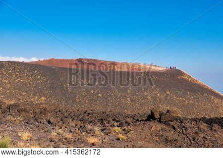 Mount Etna In Sicily Near Catania, Tallest Active European Volcano In Italy. Panoramic Wide View Of 