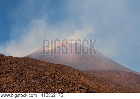 Mount Etna In Sicily Near Catania, Tallest Active Europe Volcano In Italy. Traces Of Volcanic Activi