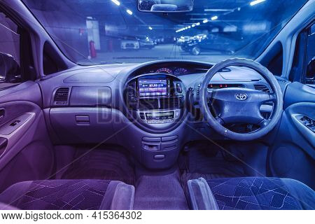 Novosibirsk, Russia - April 01 2021: Toyota Estima, Steering Wheel, Shift Lever And Dashboard, Clima