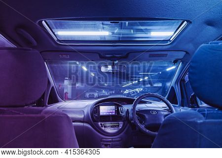 Novosibirsk, Russia - April 01 2021: Toyota Estima,  Car Interior. Rear View Of The Windshield, Hatc