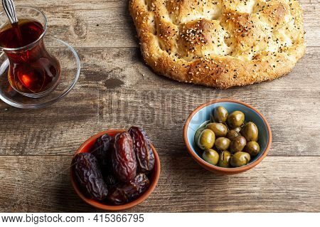 Angled View Of The Traditional Meal For Iftar And Sahur In The Holly Month Of Ramadan. Turkish Tea I