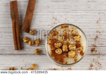 Flat Lay Image Of  Turkish Boza, A Fermented Wheat And Corn Based Drink Popular In Middle Eastern Co