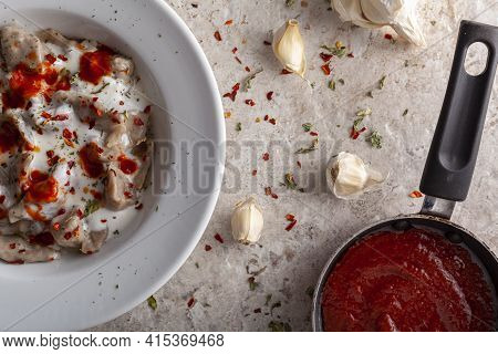 Traditional Turkish Manti Is A Form Of Dumpling Made With Ground Meat And Served In Garlic Yogurt An
