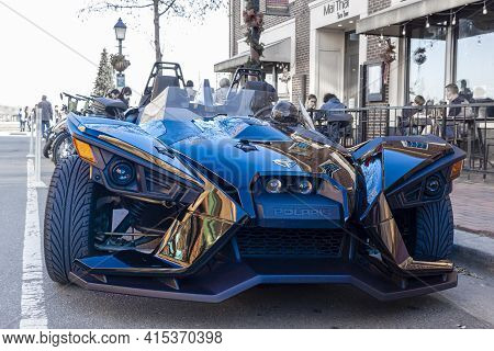 Alexandria, Va, Usa 11-28-2020: An Eye Catching Modern Stylish Polaris Slingshot Three Wheeled Motor