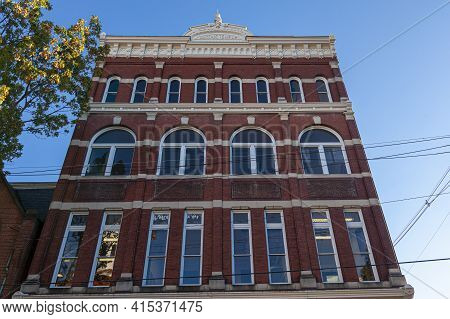 Frederick, Md, Usa 10/13/2020:  A Tall Brick Building In Downtown Frederick, Used As Masonic Temple 