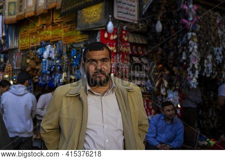 Damascus, Syria 03/28/2010: Selective Focus Portrait Of A Bearded Syrian Shopkeeper In Al Hamidiyah 