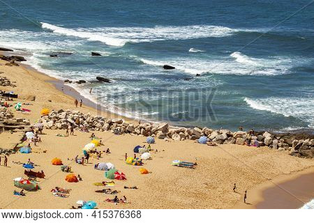 Aerial View Of A Sandy Beach On The Coast Of Mediterranean Sea, Cadiz/spain. There Are Alternating S