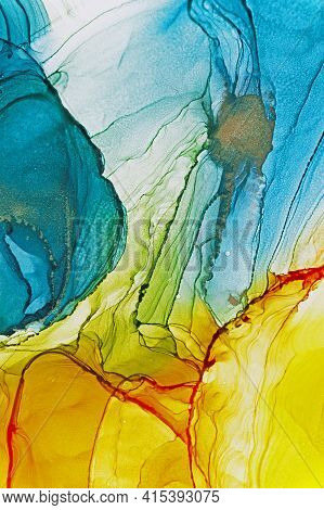 Alcohol Ink Air Texture. Azure, Blue, Yellow, Orange, Green Abstract Background With Golden Glitters
