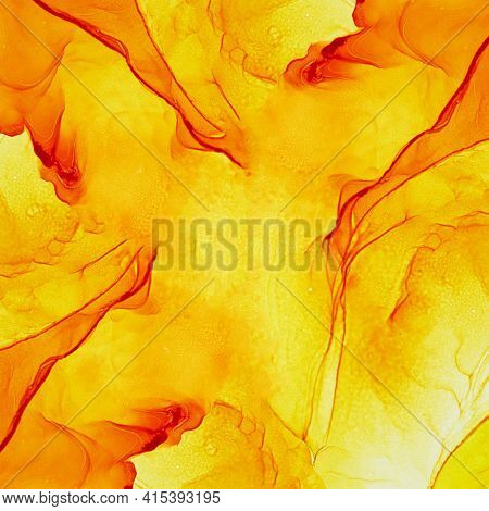 Alcohol Ink Air Texture. Yellow, Orange Abstract Background With Golden Glitters. Abstract Transluce