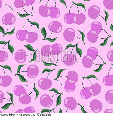 Seamless Pattern With Cherries And Sweet Cherries On A Pastel Yellow Background. Vector Stock Illust