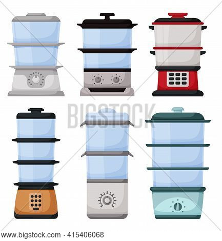 Steam Cooker Isolated Cartoon Set Icon. Vector Illustration Steamer On White Background. Vector Cart
