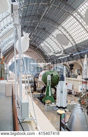 Moscow, Russia - November 28, 2018: Space museum. Inside The Cosmonautics and Aviation Centre in the Cosmos pavilion of VDNH. Aircraft exhibition. Rocket science.