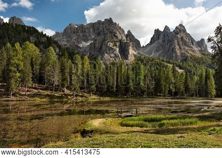 Beautiful Landscape Of Dantorno Lake In Dolomites Unesco World Heritage, Italy