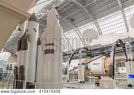 Moscow, Russia - November 28, 2018: Space museum. Inside The Cosmonautics and Aviation Centre in the Cosmos pavilion of VDNH. Aircraft exhibition. Rocket science.
