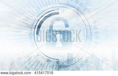 Cybersecurity Mixed Media With Virtual Locking Padlock On Cityscape Background. Data Privacy Protect
