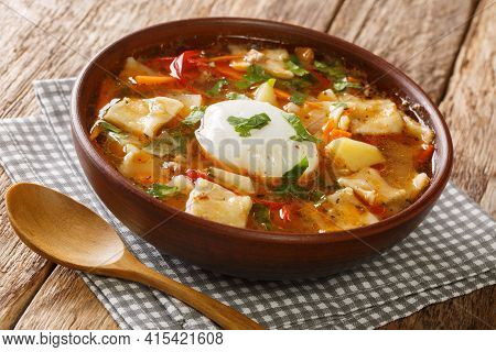 Homemade Pantruca Chilean Soup With Vegetables, Ground Beef, Noodles And Poached Egg Close-up In A B