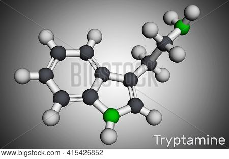 Tryptamine Molecule. It Is Aminoalkylindole. Molecular Model. 3d Rendering. 3d Illustration