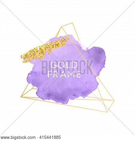 Violet Pupur Pink Brush Strokes And Gold Frame. Abstract Vector Watercolor Background.