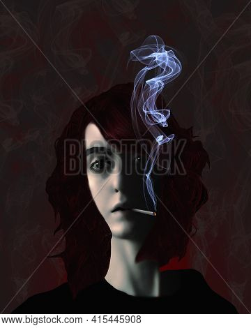 A Woman Is Seen Smoking A Cigarette With Smoke Wafting From The Cigarette. This Is A 3-d Illustratio