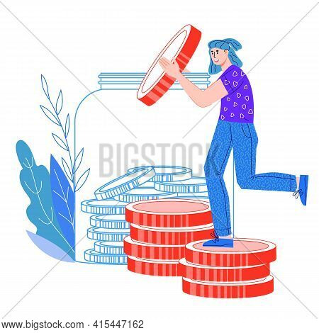 Concept Of Money Economy And Savings, Wealth And Budget Planning With Woman Putting Coins Into Jar, 