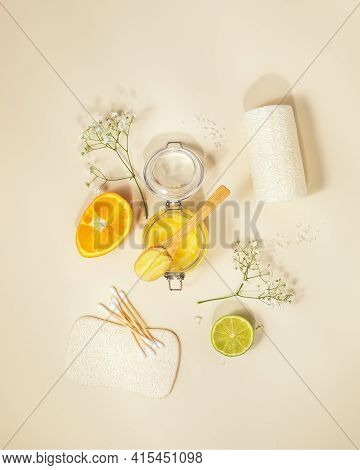 Eco Friendly, Cosmetic Composition Of Citrus Scrub, Orange, Laim And Natural Bath Accessories On A L