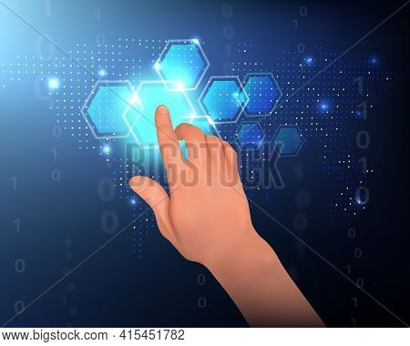 A Hand Presses A Button On A Virtual Screen.technological Process Control. Innovative Technologies.f