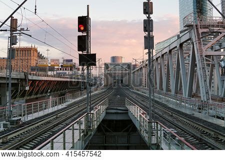 Moscow Russia - April 03 2021:empty Railway Bridge Of The Moscow Central Circle (mcc) Transport Syst