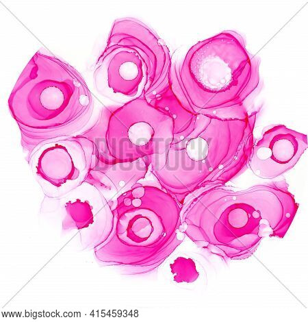 Alcohol Ink Roses Texture. Pink Neon Abstract Background With Flowers. Abstract Translucent Floral F