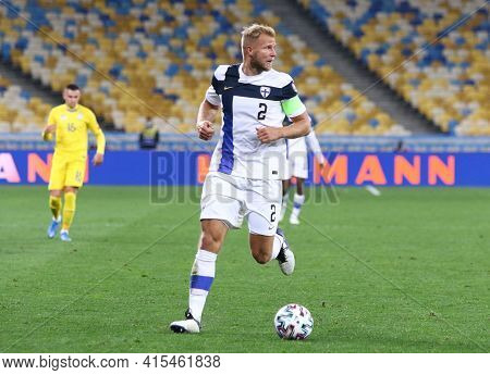 Kyiv, Ukraine - March 28, 2021: Paulus Arajuuri Of Finland Controls A Ball During The Fifa World Cup