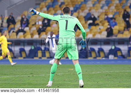 Kyiv, Ukraine - March 28, 2021: Goalkeeper Georgiy Bushchan Of Ukraine In Action During The Fifa Wor